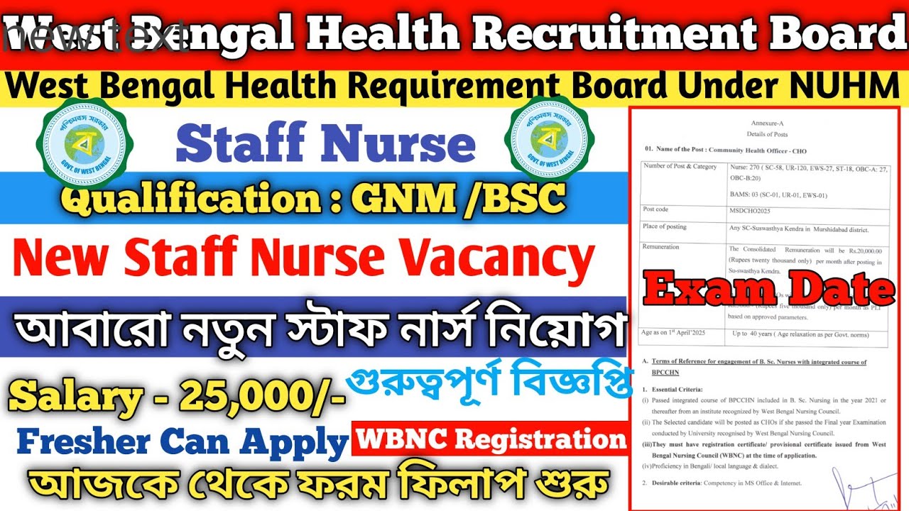 🔥WB Staff Nurse Examination Date 2026 || 💥Staff Nurse Vacancy ||🔥West Bengal CHO Staff Nurse Vacancy