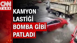 Kamyon Lastiği Patladı 3 Dükkan Ve 1 Araba Hasar Gördü
