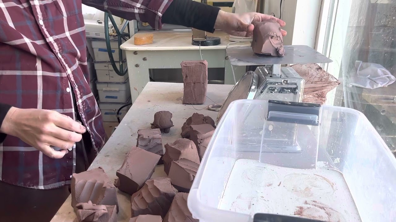 Prepping clay for throwing. Unedited studio time. Cutting and wedging clay. ASMR