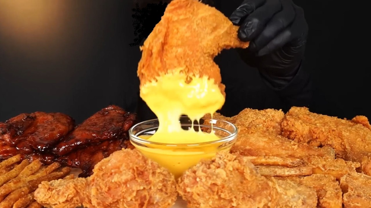 ASMR MUKBANG Crispy Fried Chicken, Spicy BBQ Chicken, Fries & Cheese Sauce