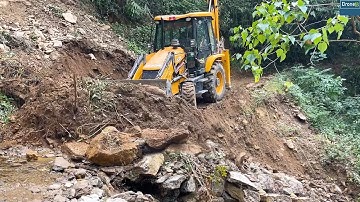 Hilly River Work-Landslide Dirt Removing-JCB Backhoe