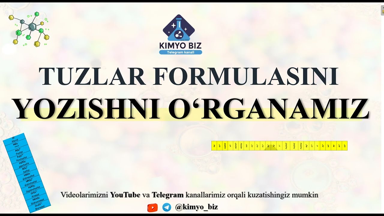 TUZLAR KIMYOVIY FORMULASINI YOZISHNI O'RGANAMIZ I ТУЗЛАР КИМЁВИЙ ФОРМУЛАСИНИ ЁЗИШНИ ЎРГАНАМИЗ
