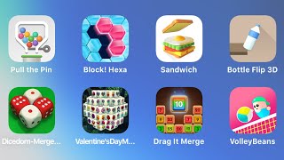 Pull the Pin, Block Hexa, Sandwich, Bottle Flip 3D, Dicedom Merge, Drag It Merge, Volley Beans screenshot 1