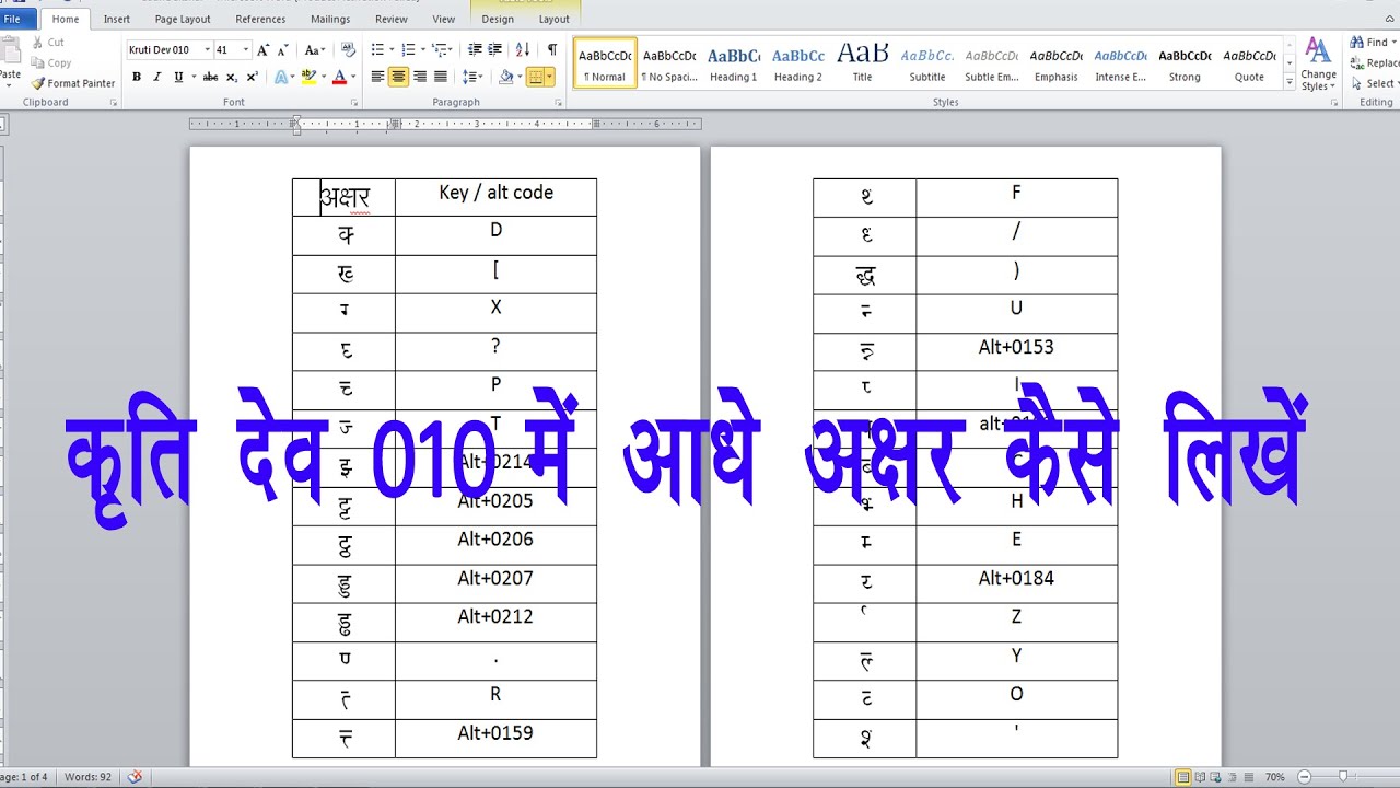 Hindi Typing Shortcut Key In Krutidev 010 | All Alt Key Code In Ms Excel -  YouTube