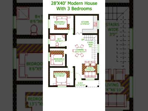 Video 28 x 40 👉 3 bedroom house plan | 28 x 40 ghar aka naksha | #shorts #viralvideo #ytshorts - youtube