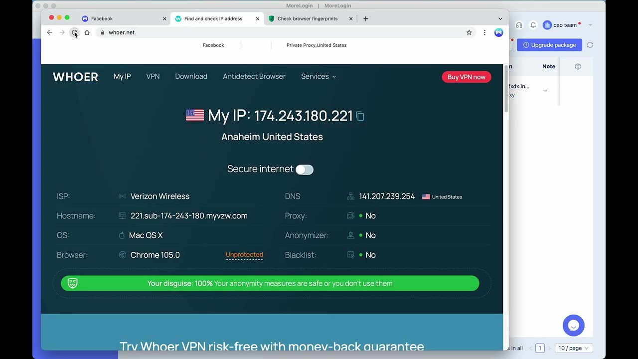 Как использовать прокси в MoreLogin. Тест антика на качество на whoer.net, iphey.com