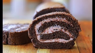 Japanese chocolate raspberry swiss roll cake