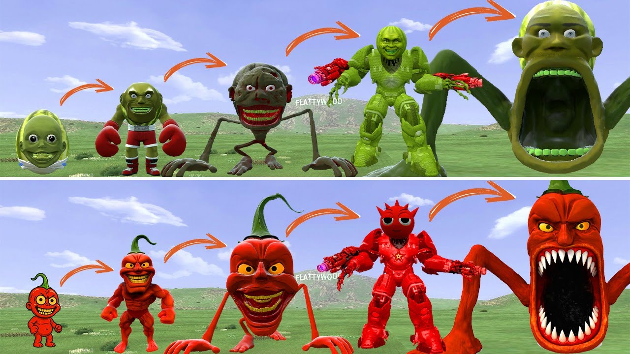 HELLO: ALL THE NEW EVOLUTIONS OF THE LINGANG MELON MONSTER VS THE PEPPER DINDUN MONSTER IN GMOD!
