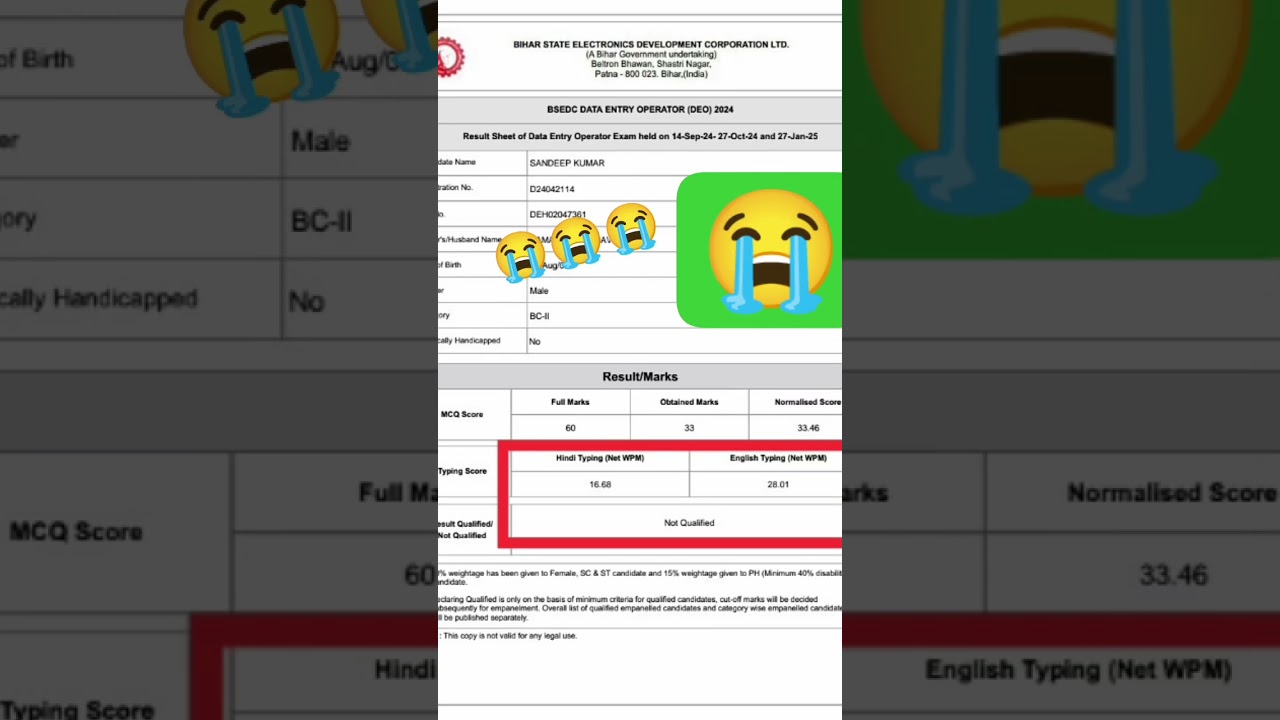 Bihar Beltron Result Not Qualified 😭 Bihar Beltron Result Out l Bihar Beltron Deo Score Card Out
