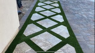 Travertine pavers with grass walkway