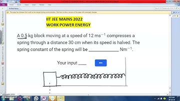 A 0.5 kg block moving at a speed of 12 ms-1 compresses a spring through a distance 30 cm when its