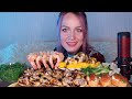 MUKBANG | Гребешки с тыквенным пюре, запеченные мидии,  креветки, кальмары, соус | Seafood не ASMR
