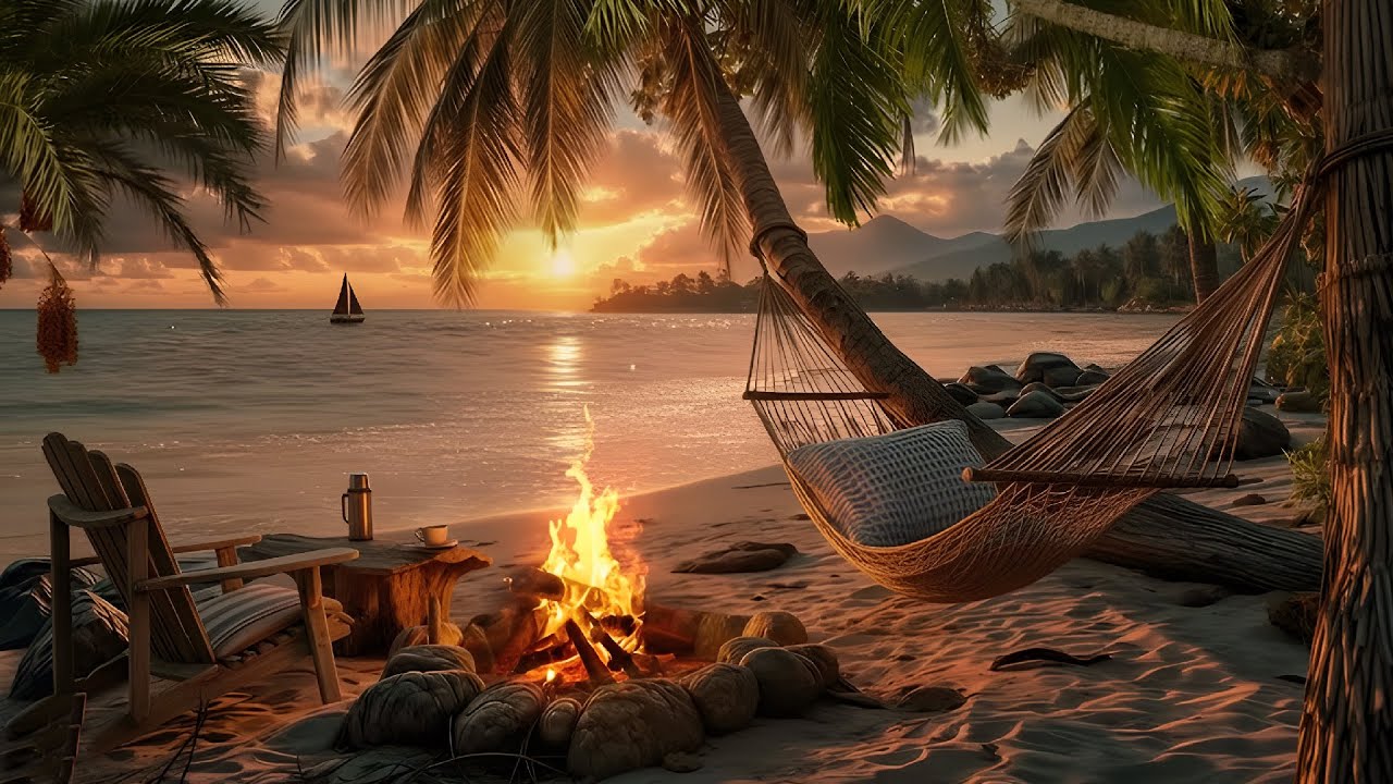 🌊🔥 Golden Hour Seaside Fireplace | Calm Waves & Cozy Ambience