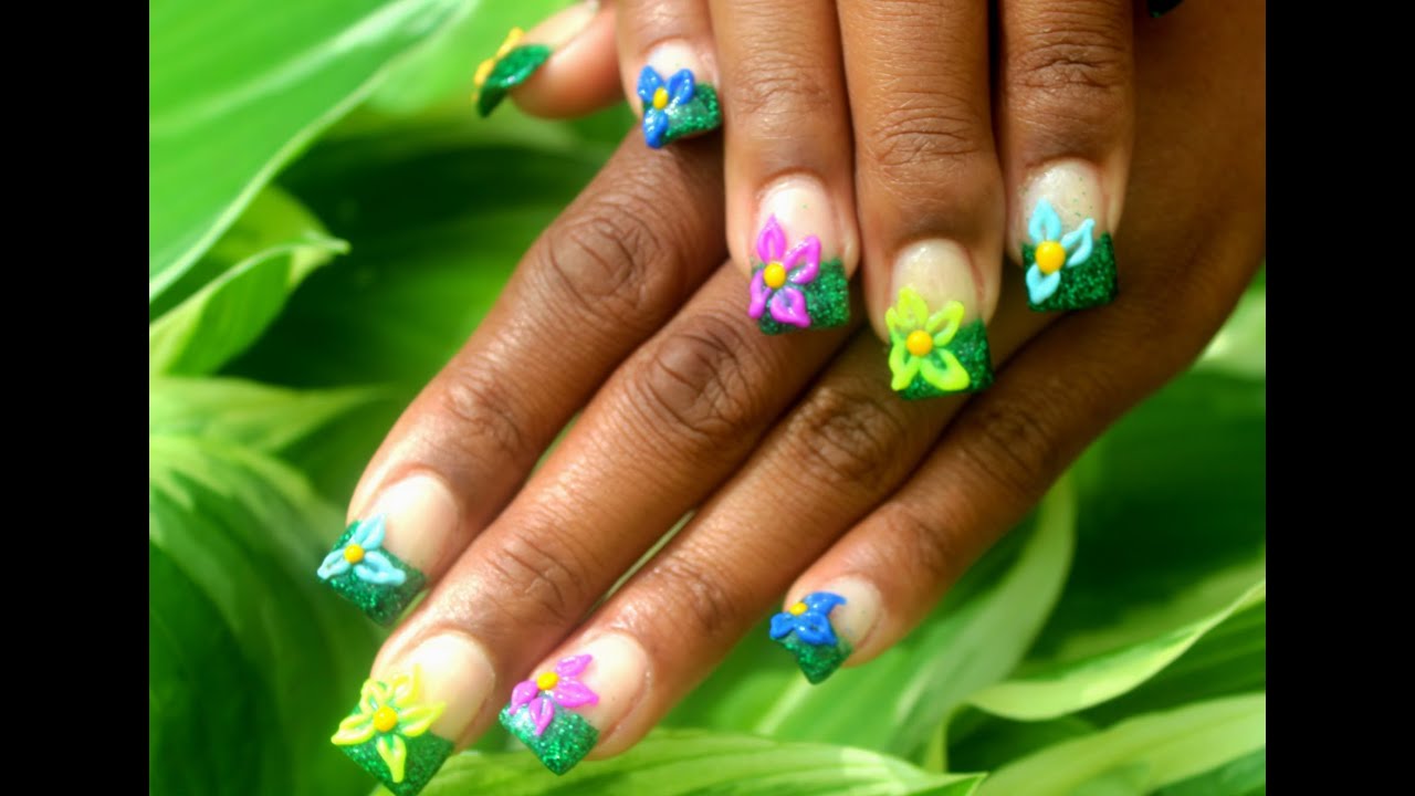 Glitter Acrylic |Spring Nails | 3D Flowers - YouTube