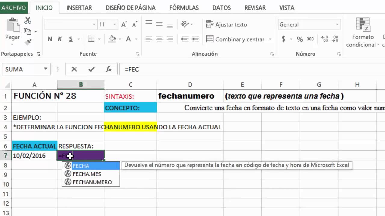 44 FUNCIONES EXCELFECHA,FECHANUMERO,HORANUMERO DIASEM HD1