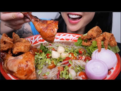 SPICY NOODLES THAI STYLE + BBQ CHICKEN + FRESH VEGGIES (ASMR EATING SOUNDS) NO TALKING | SAS-ASMR
