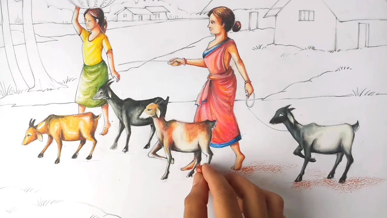 HOW TO DRAW EASY SCENERY WITH HUMAN FIGURES & ANIMAL FIGURES /FIGURATIVE  COMPOSITION FOR COMPETITION - YouTube