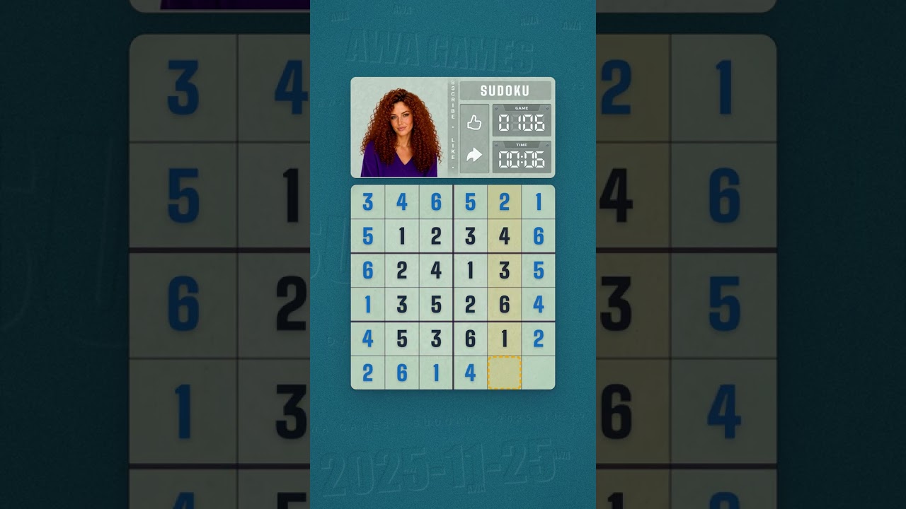 LinkedIn Mini Sudoku #106 solved board for November 25, 2025, 6x6 grid