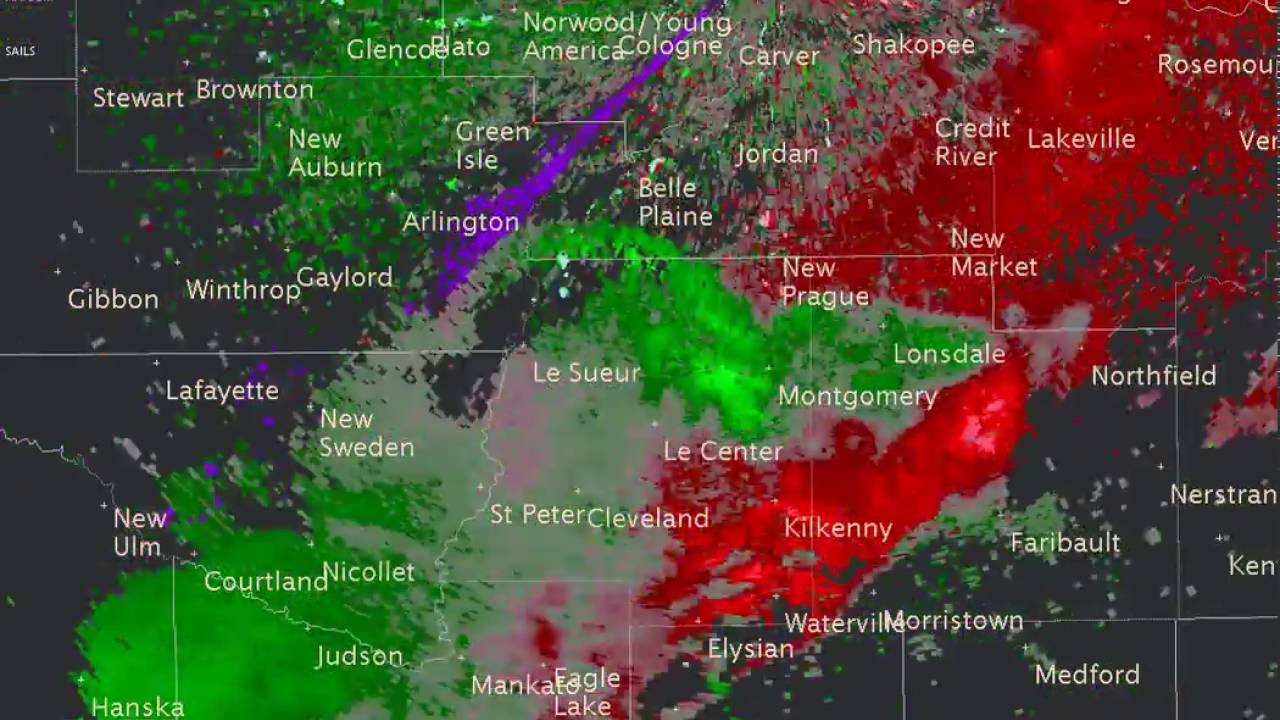 Radar velocity imagery loop of downburst developing over Le Sueur