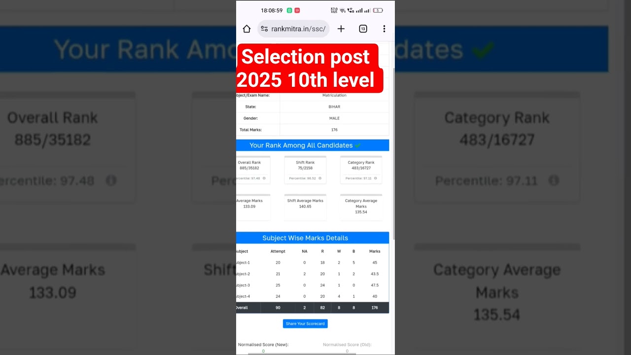 selection post phase xiii 2025 10th level score card.