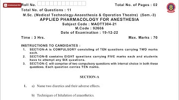 MSC 3RD SEM MTAOT APPLIED PHARMACOLOGY FOR ANESTHESIA DEC 2022 | PTU