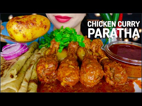 ASMR SPICY CHICKEN CURRY, PARATHA, CHILLI, POTATO , ONION, GINGER BEER  EATING MUKBANG 咀嚼音 | 먹방