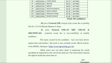 HPSSSB Hamirpur Junior Engineer civil 695 Post Code Result, Rejection listComplete Information