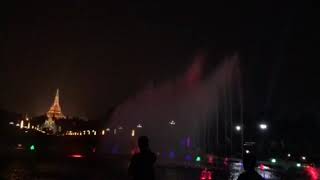Kandaw Gyi Water Fountains with Shwedagon Pagoda Background   Yangon Night, Myanmar, Southeast Asia,