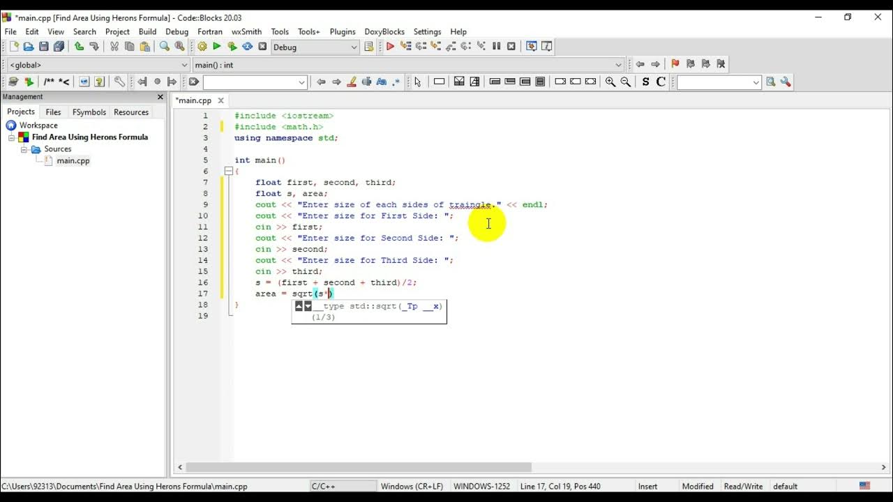C++ Program to find the area of any triangle using Heron's Formula ...