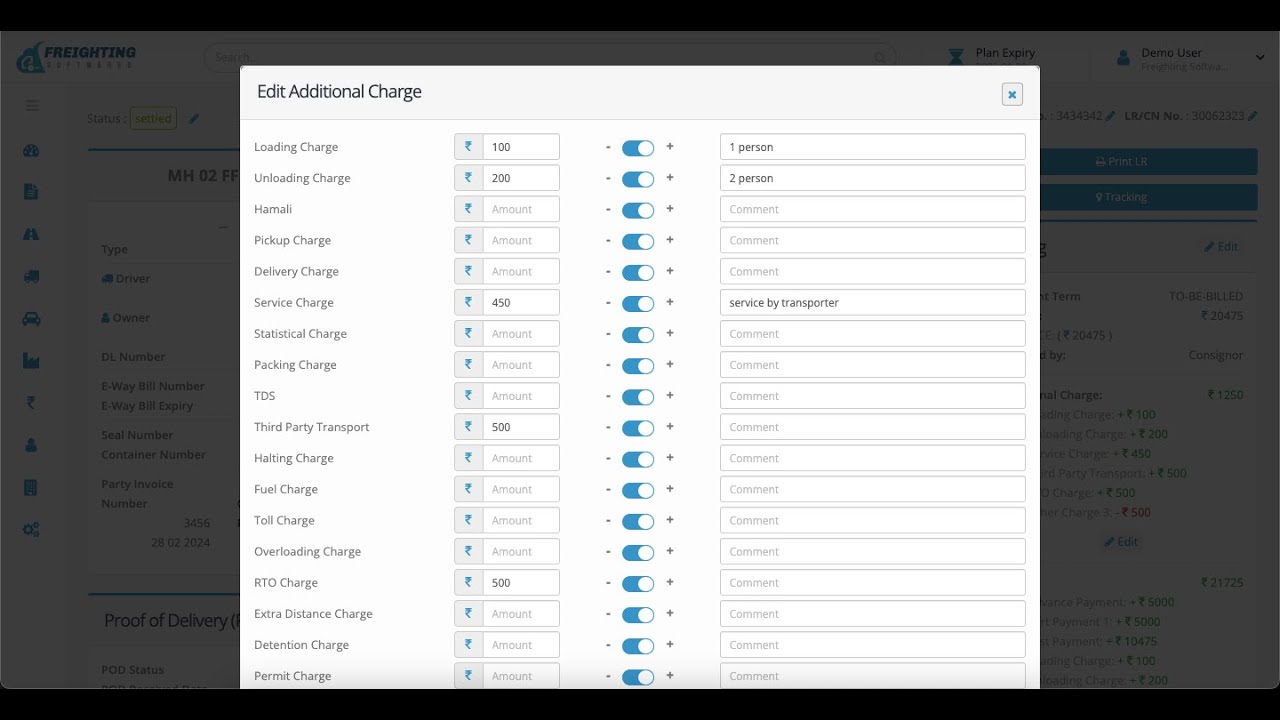 How to Add Additional Charge (loading, unloading etc.) in LR into Freighting Softwares TMS | Demo