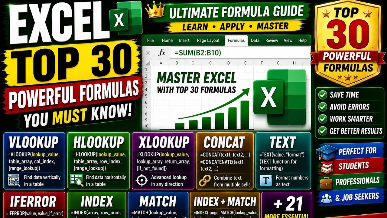 30 Most Important Excel Formulas Explained | Beginner to Advanced | Pro ...