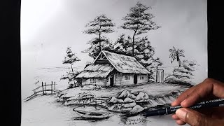 Cara Menggambar Pemandangan Menggunakan Pulpen Dengan Mudah - Drawing landscape with pencils