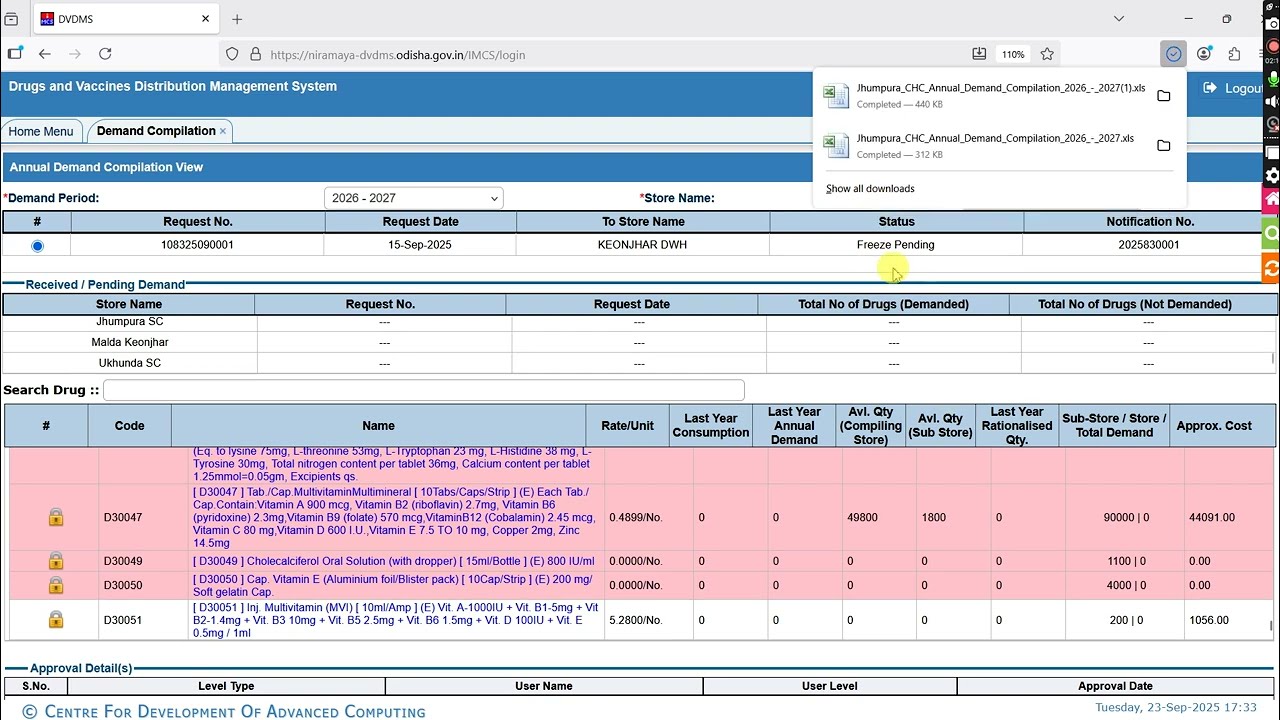 Annual requirement of Drugs & Medical Consumables  export to excel & print in DVDMS Odisha Portal