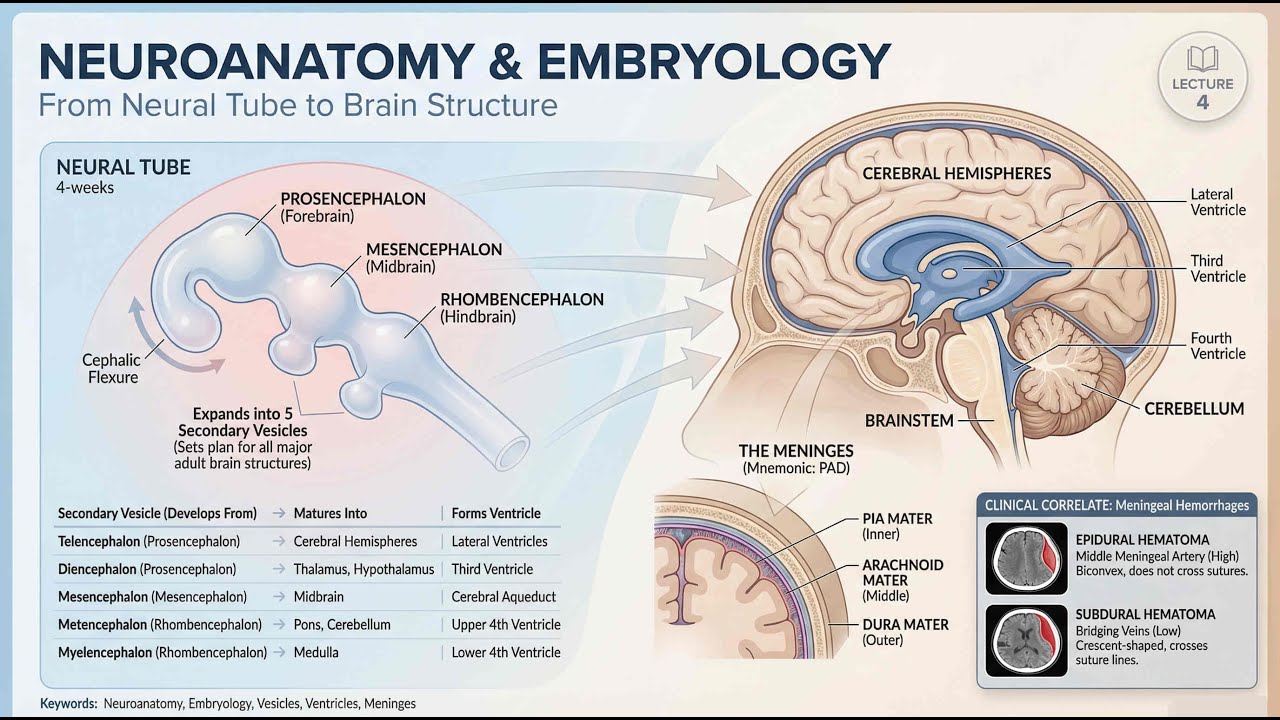 Macroscopic Neuroanatomy & Embryology Explained | Gray vs White Matter, Meninges, Brain Vesicles