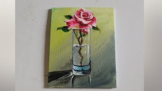 How to paint an easily transparent glass vase with Rose acrylic painting 