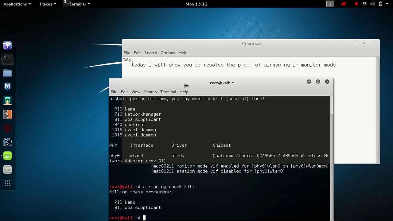 Kali Linux How To Fix Wlan0 Monitor Mode In Kali Linux2 Airmon Ng Check Kill September 2017 Youtube