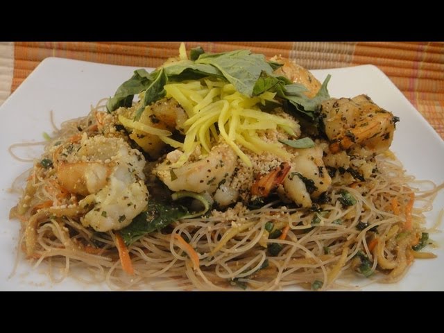 Basil Prawns With Rice Noodles And Raw Mangoes