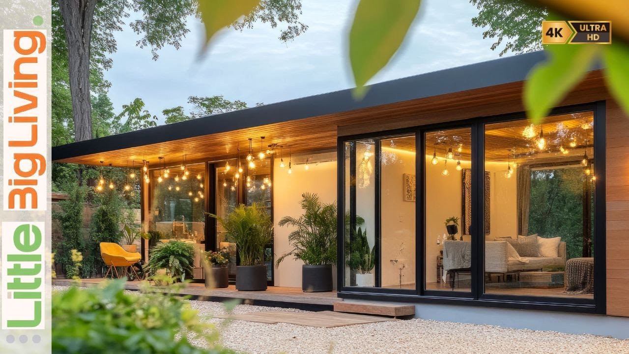Modern Minimalist Glass House Tiny House: Cozy Big Living with Greenery 🪴