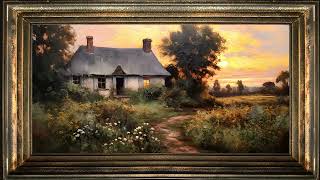 English Cottage at Sunset, Impressionist Oil Painting | Framed Art Screensaver for TV