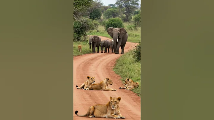Lions Take Over the Road! Elephant Herd Can't Pass! #lions #elephants #africa #roadblock #animals thumbnail