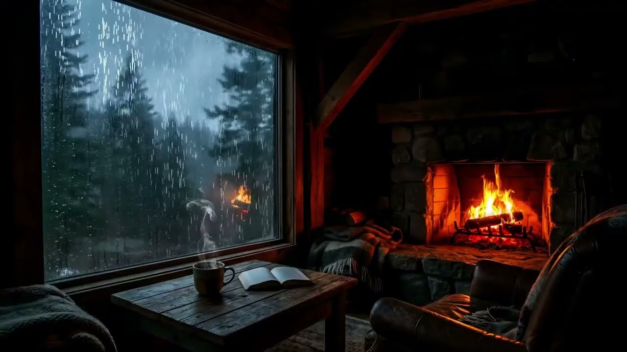 It’s Raining Outside the Cabin 🌲🌧️ Warm Fireplace for Deep Sleep & Relaxation