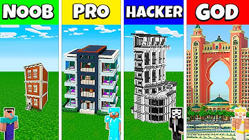 Minecraft Battle: NOOB vs PRO vs HACKER vs GOD: HOTEL SKYSCRAPER HOUSE BUILD CHALLENGE / Animation