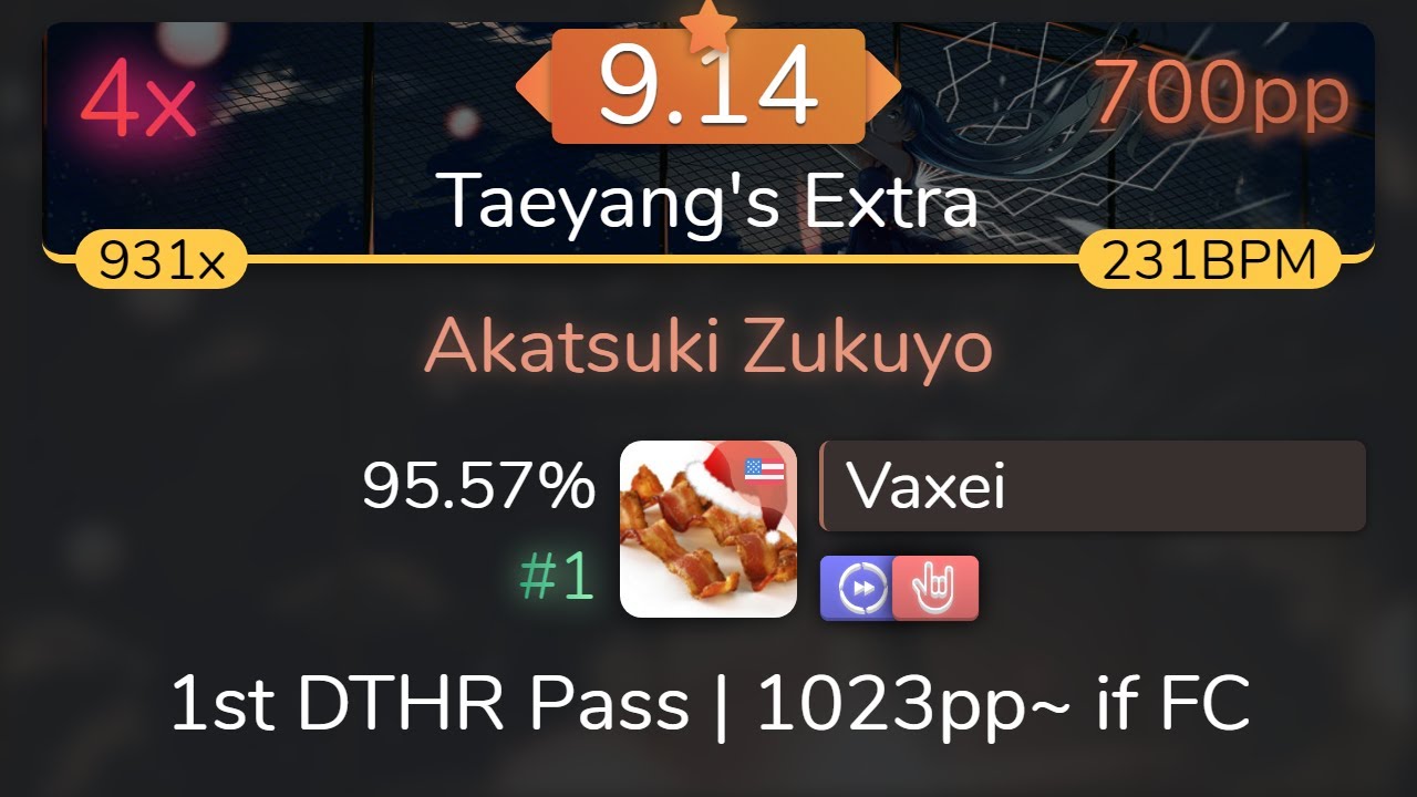 [9.14⭐] Vaxei | HoneyWorks - Akatsuki Zukuyo [Taeyang's Extra] +DTHR 95.57% { 700pp 4❌} - osu!