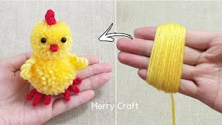 Super Easy Pom Pom Chicken Making Idea with Fingers - DIY Pom Pom Chick - How to Make Yarn Chicken