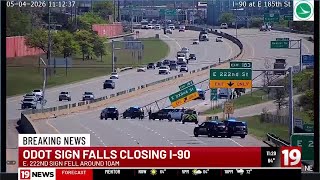 ODOT sign falls closing I-90