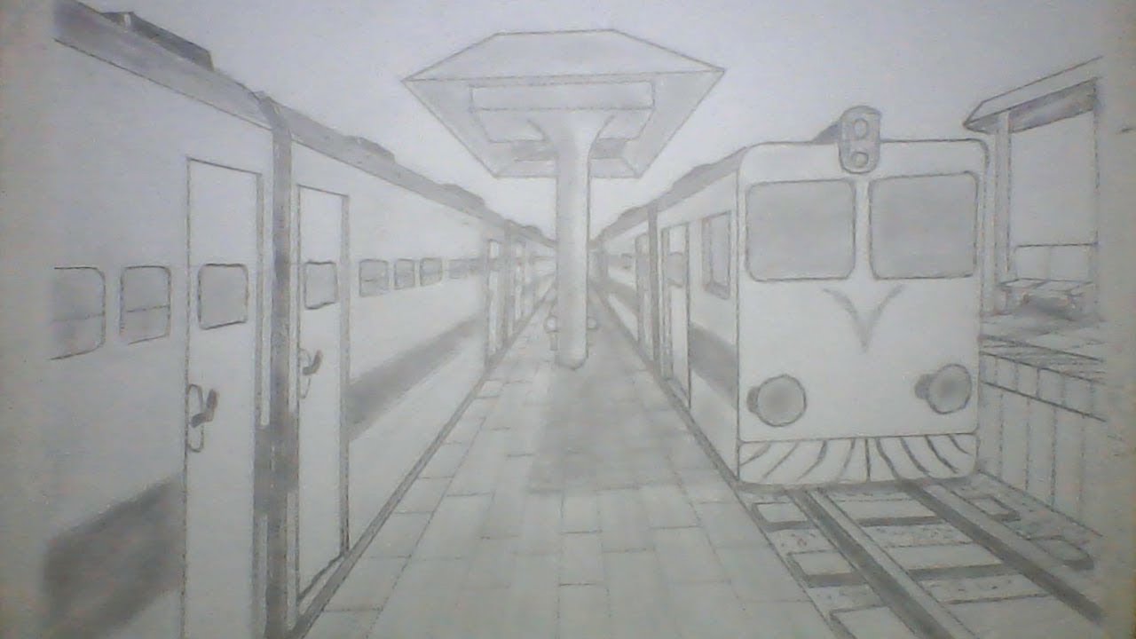 how to draw a train station by one point perspective