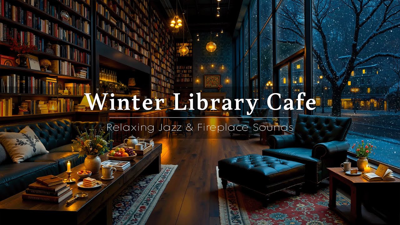 Library Cafe Ambience & Smooth Winter Jazz ☕ Relaxing Jazz Piano with Fireplace Sounds for Reading
