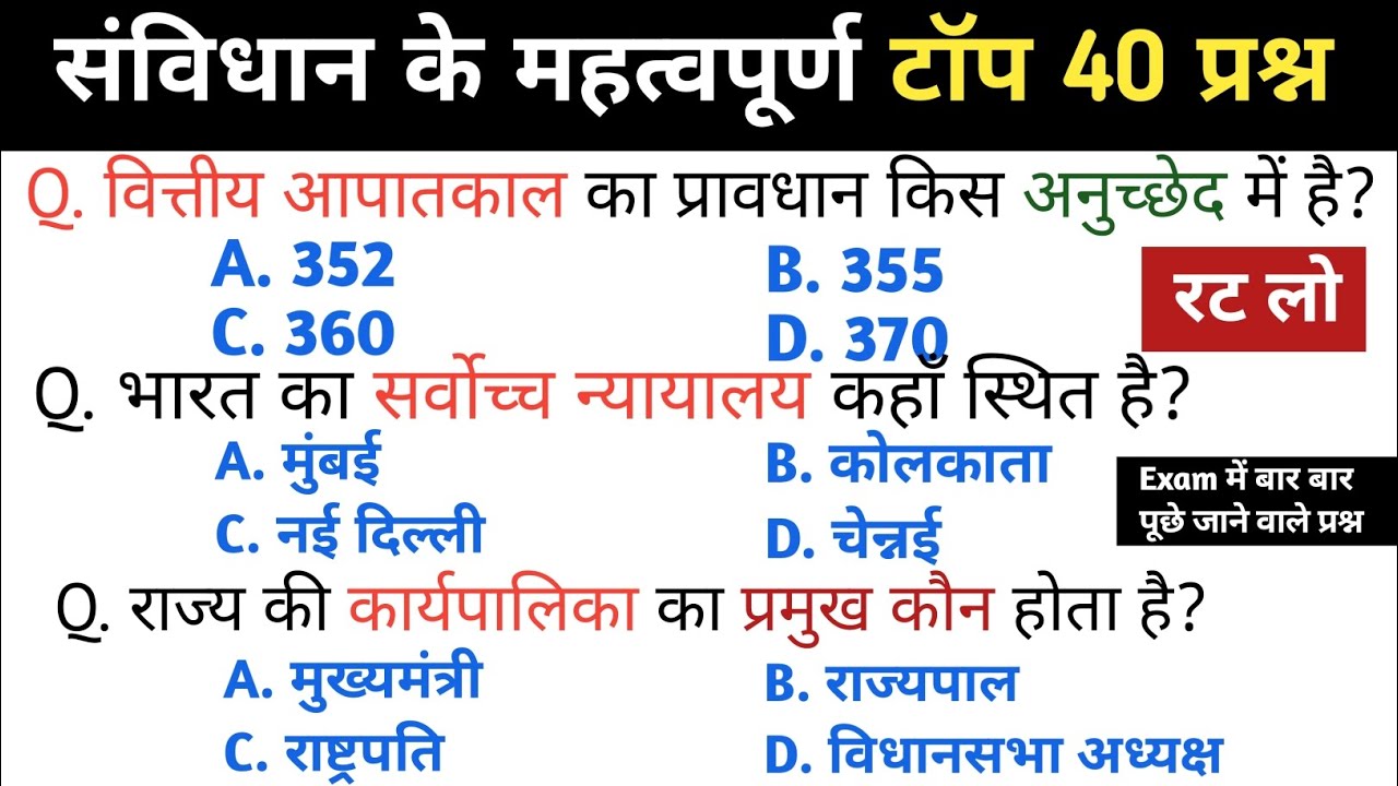 संविधान के टॉप 40 महत्वपूर्ण प्रश्न | Indian Constitution GK | Exam Special हिंदी में