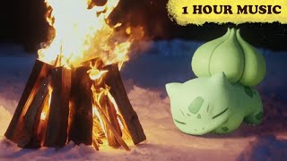 [ASMR + BGM] Bulbasaur sleeps with Pokemon music beside fireplace with fire crackling