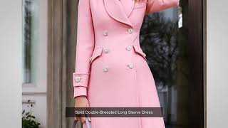 Solid Double-Breasted Long Sleeve Dress